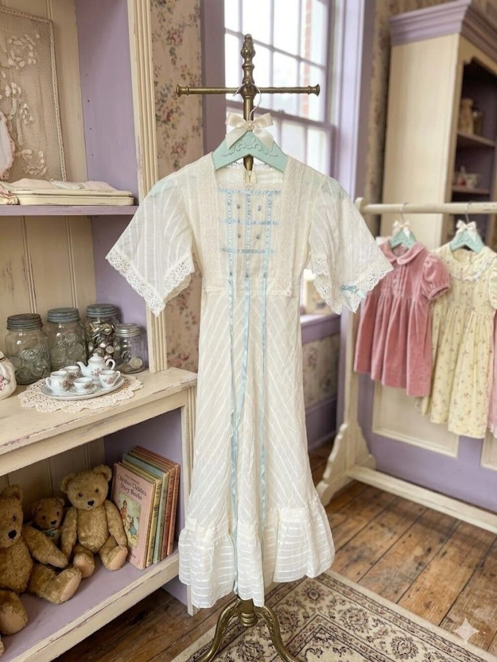 Vintage 70s Dorissa Girls White Eyelet Maxi Dress Blue Ribbon Boho Prairie Sz 10